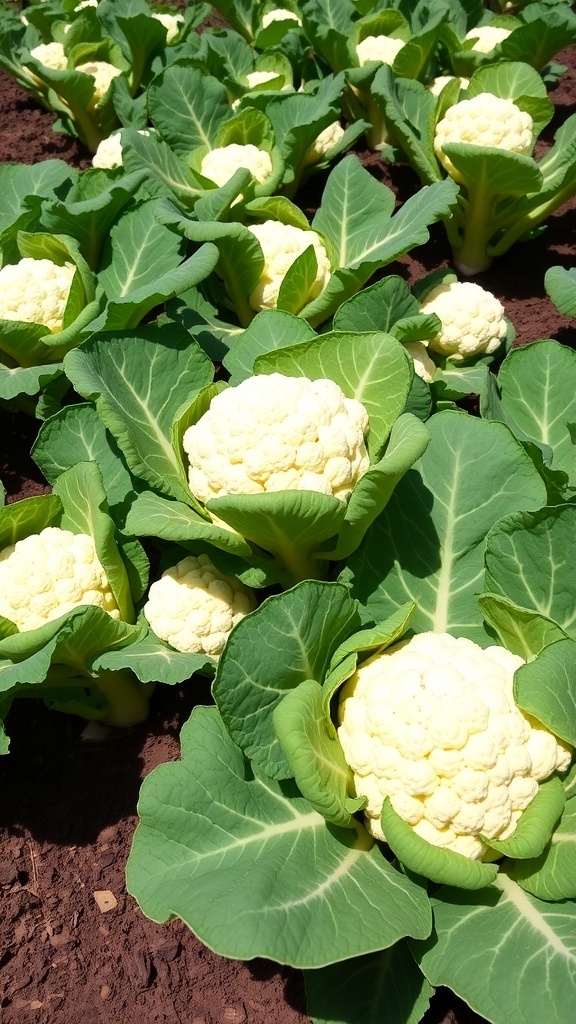 A garden with thriving cauliflower plants, featuring green leaves and white heads under a clear blue sky.